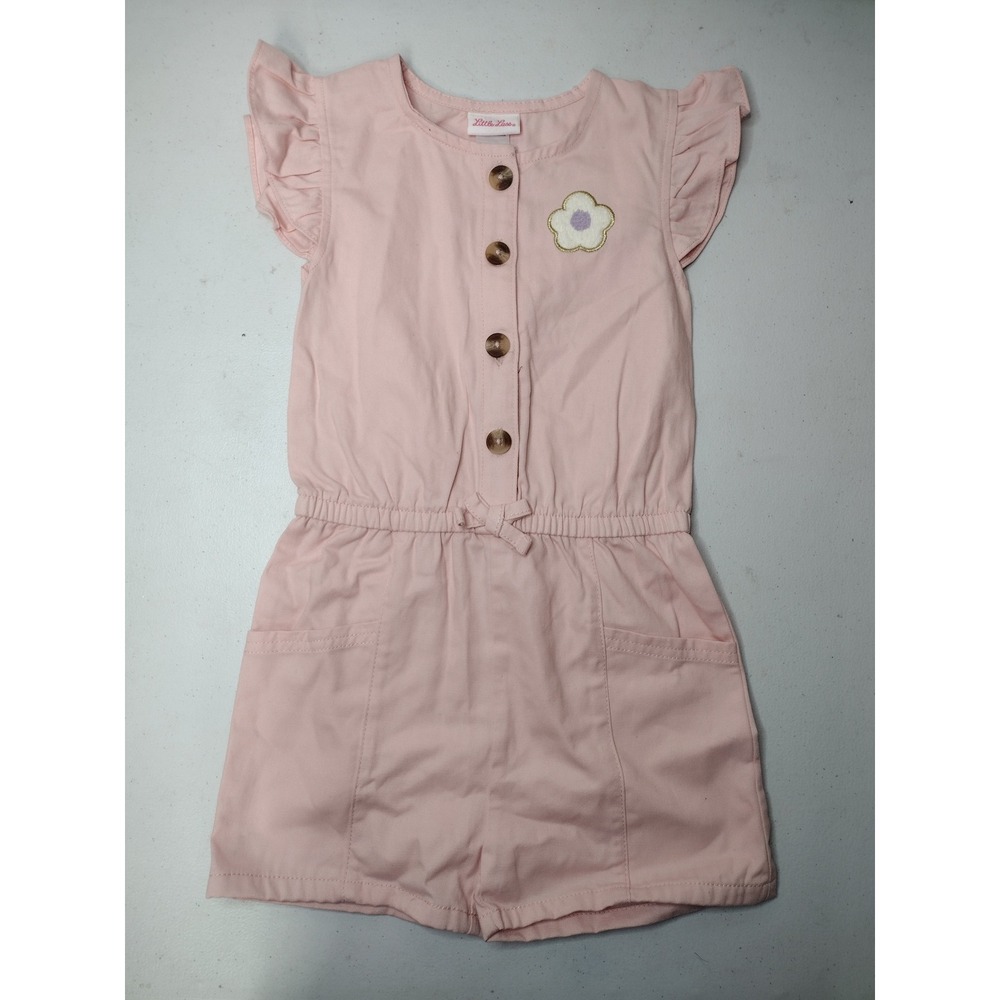 Little Lass Girls Pink Cotton Flutter Sleeve Button Front Romper 6X